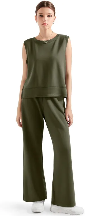 SUUKSESS Women 2 Piece Lounge Matching Sets Wide Leg Sweatpants Sleeveless Tops
