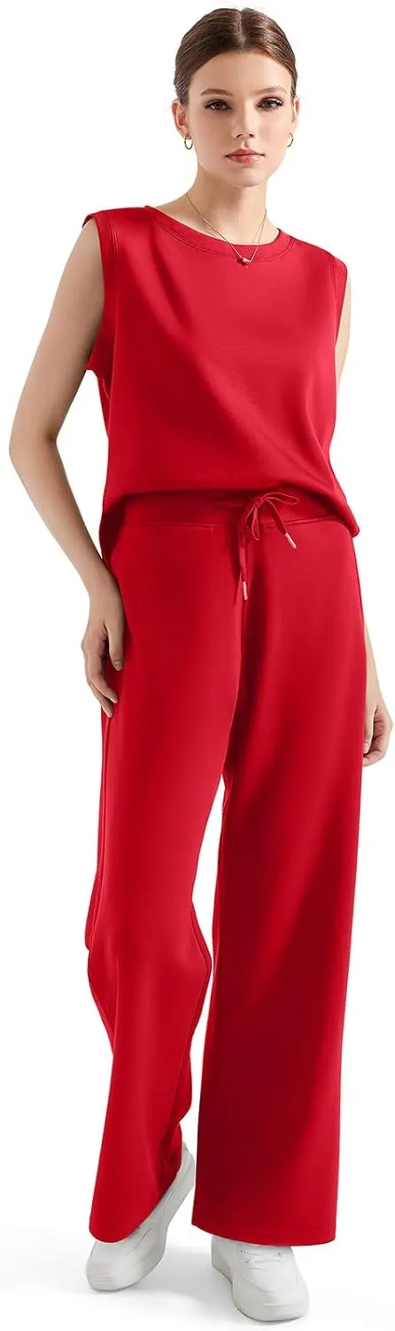 SUUKSESS Women 2 Piece Lounge Matching Sets Wide Leg Sweatpants Sleeveless Tops