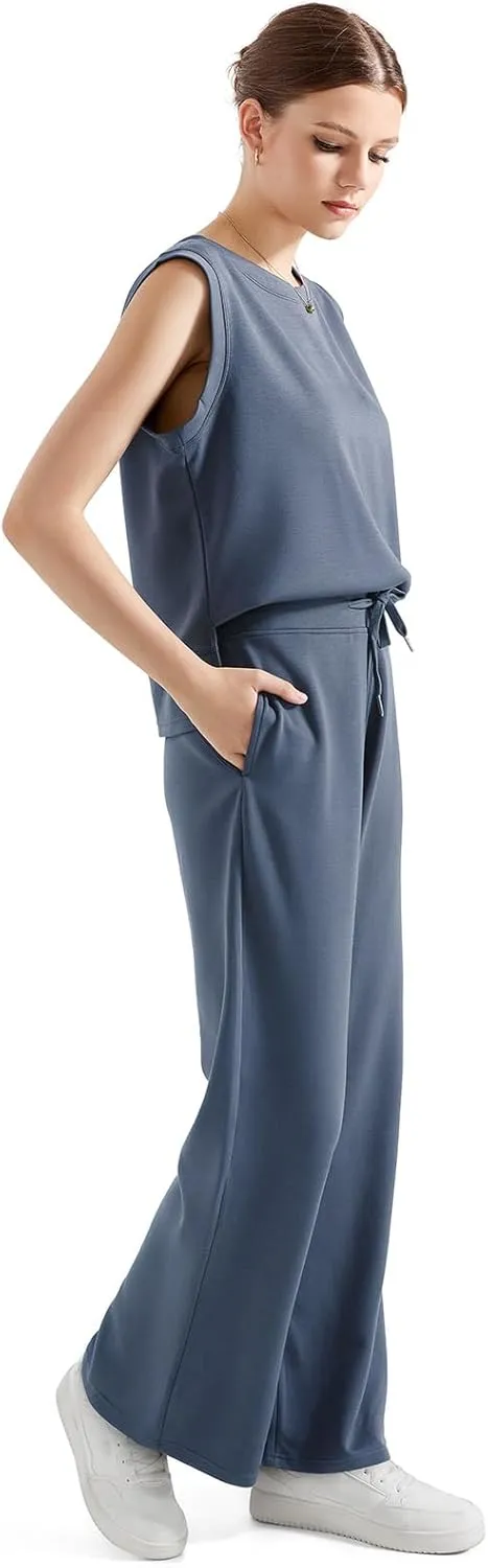 SUUKSESS Women 2 Piece Lounge Matching Sets Wide Leg Sweatpants Sleeveless Tops