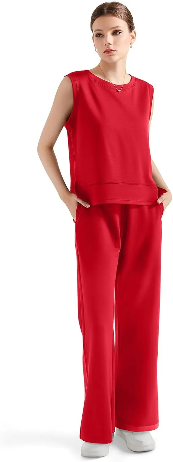 SUUKSESS Women 2 Piece Lounge Matching Sets Wide Leg Sweatpants Sleeveless Tops
