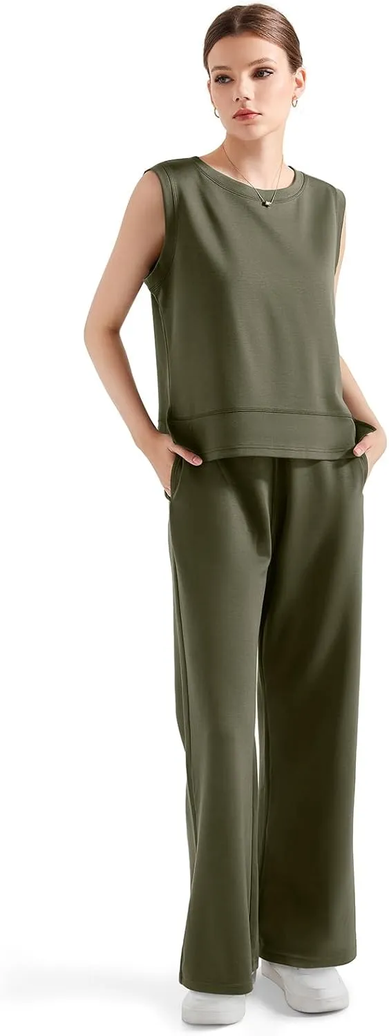 SUUKSESS Women 2 Piece Lounge Matching Sets Wide Leg Sweatpants Sleeveless Tops