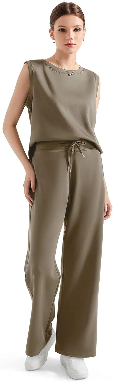 SUUKSESS Women 2 Piece Lounge Matching Sets Wide Leg Sweatpants Sleeveless Tops