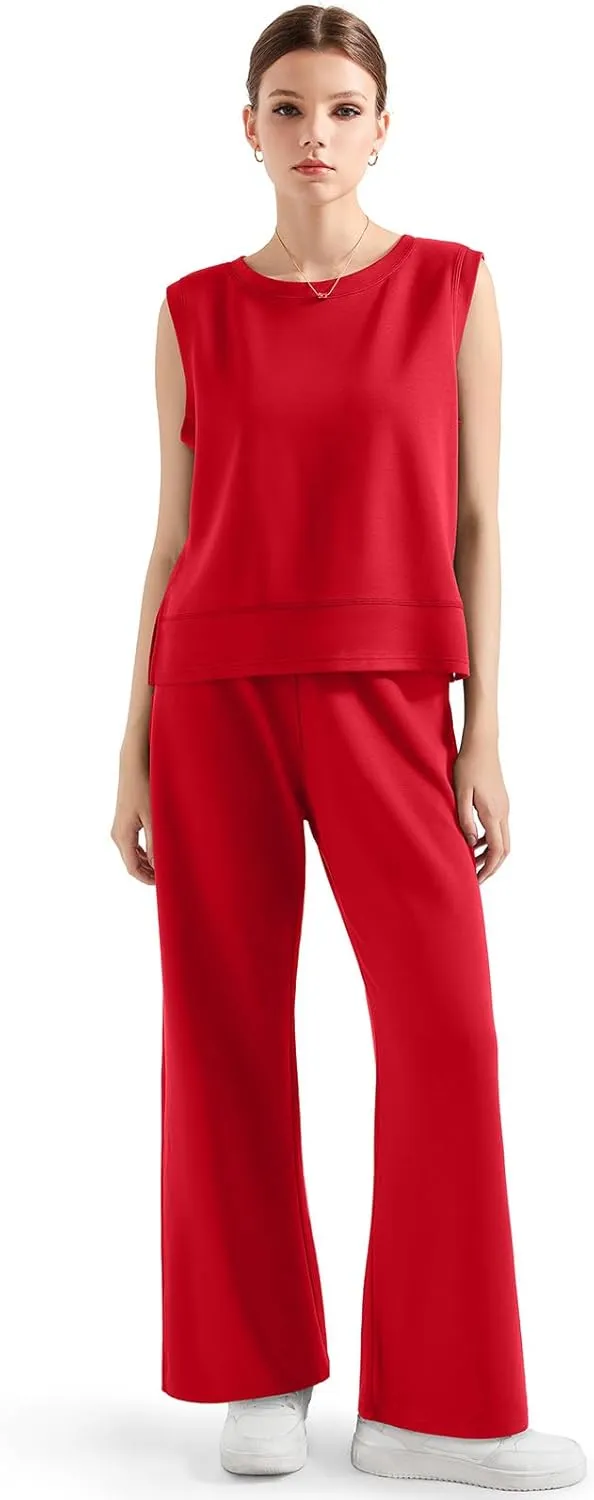 SUUKSESS Women 2 Piece Lounge Matching Sets Wide Leg Sweatpants Sleeveless Tops