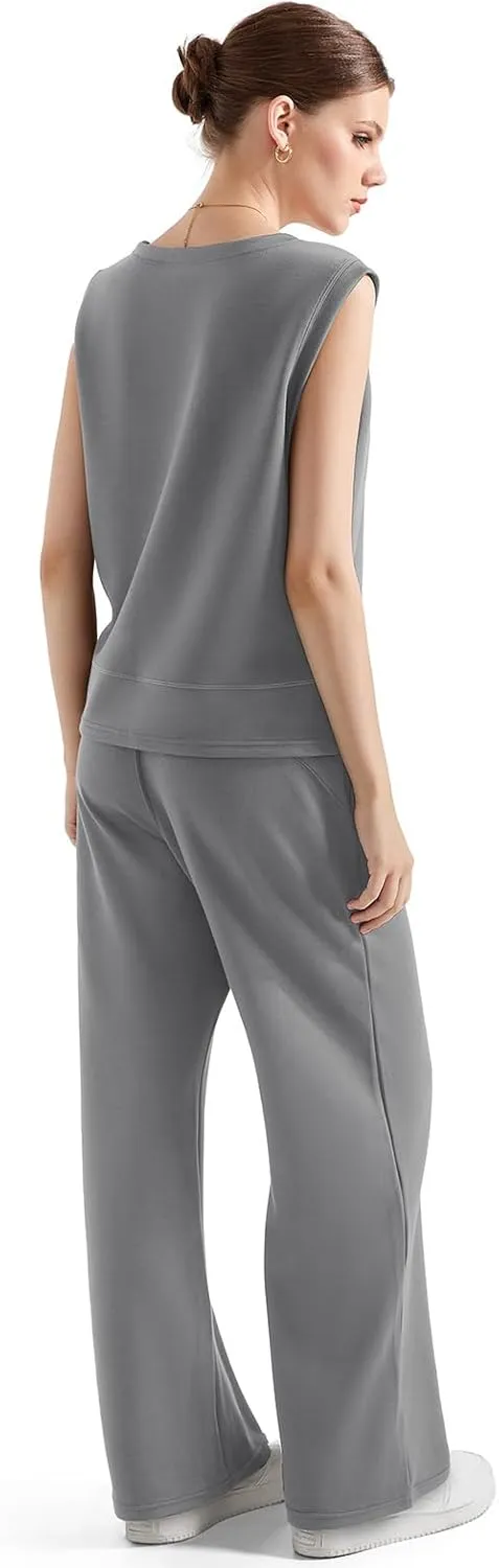 SUUKSESS Women 2 Piece Lounge Matching Sets Wide Leg Sweatpants Sleeveless Tops
