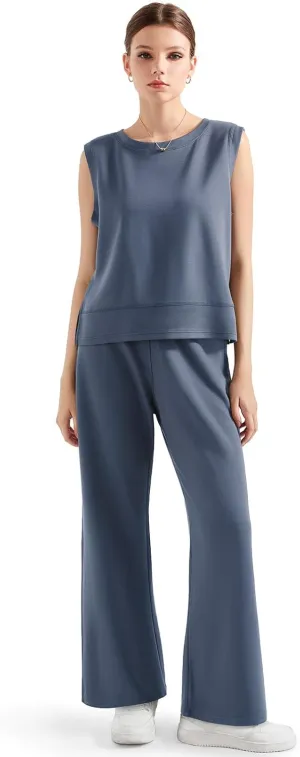 SUUKSESS Women 2 Piece Lounge Matching Sets Wide Leg Sweatpants Sleeveless Tops