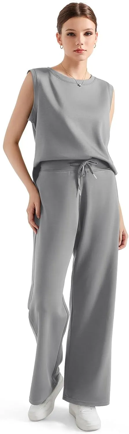SUUKSESS Women 2 Piece Lounge Matching Sets Wide Leg Sweatpants Sleeveless Tops