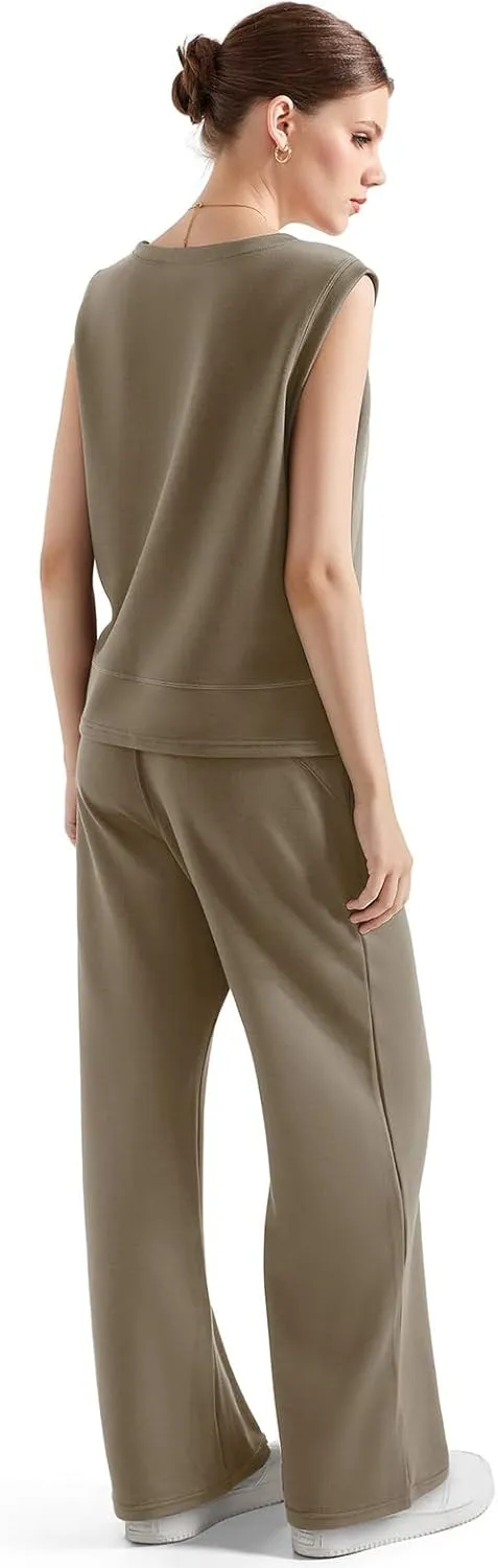 SUUKSESS Women 2 Piece Lounge Matching Sets Wide Leg Sweatpants Sleeveless Tops