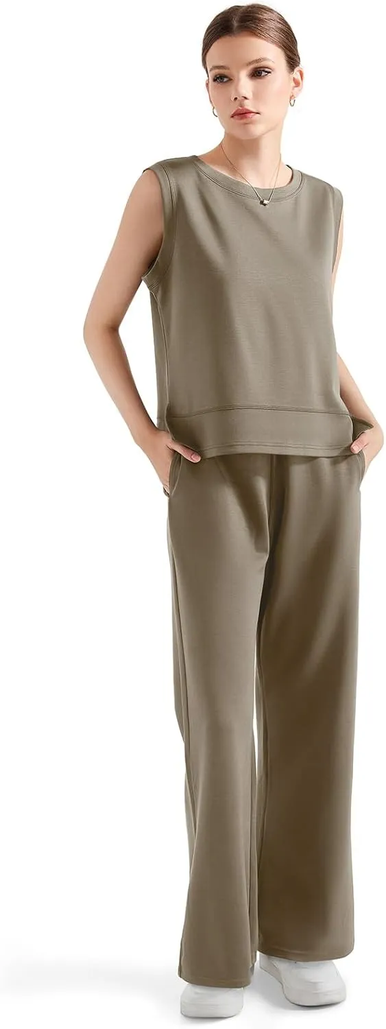 SUUKSESS Women 2 Piece Lounge Matching Sets Wide Leg Sweatpants Sleeveless Tops