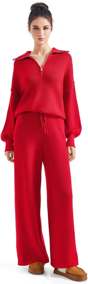 SUUKSESS Women 2 Piece Lounge Sets Oversized Quarter Zip Pullover Wide Leg Pants