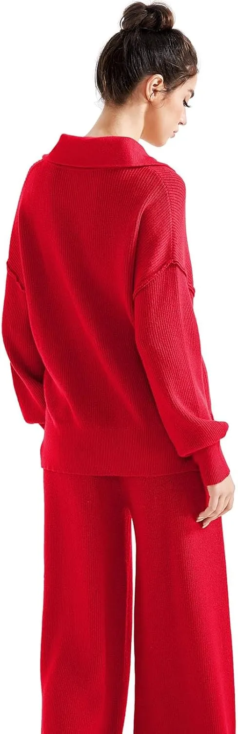 SUUKSESS Women 2 Piece Lounge Sets Oversized Quarter Zip Pullover Wide Leg Pants
