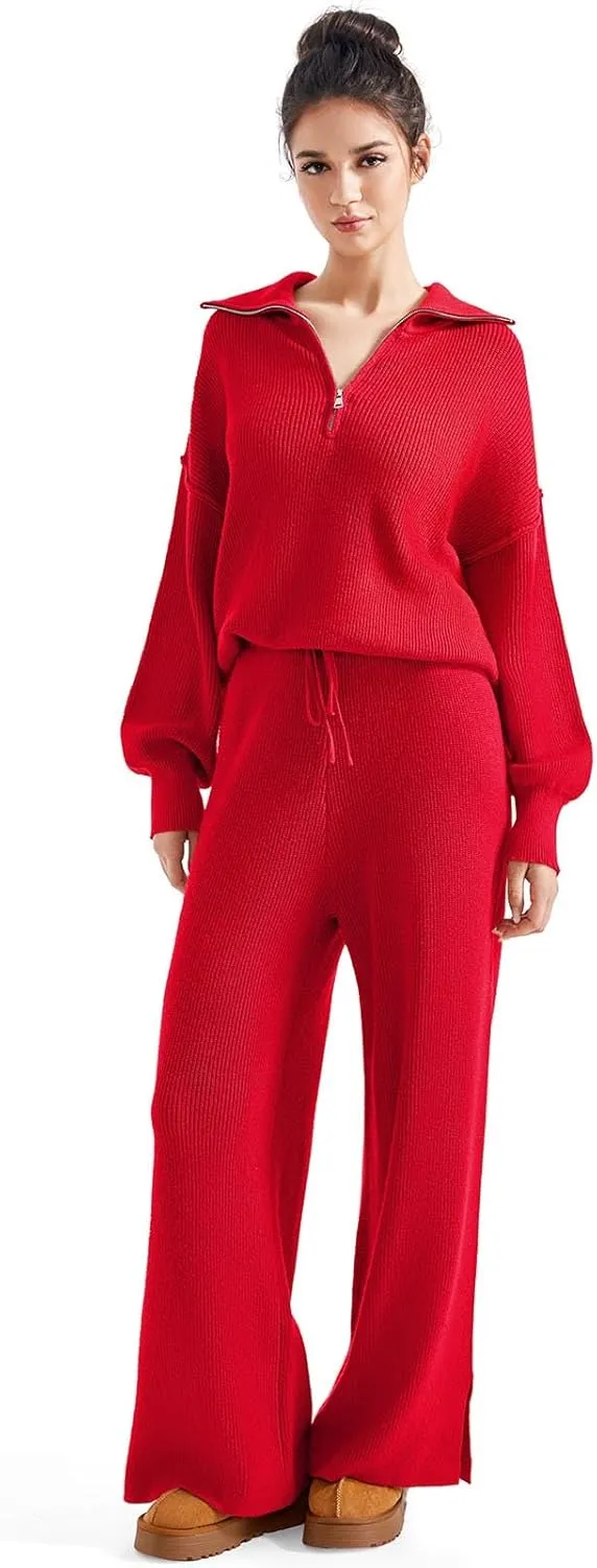 SUUKSESS Women 2 Piece Lounge Sets Oversized Quarter Zip Pullover Wide Leg Pants