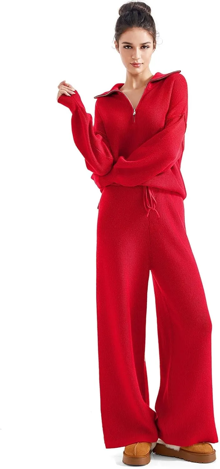 SUUKSESS Women 2 Piece Lounge Sets Oversized Quarter Zip Pullover Wide Leg Pants