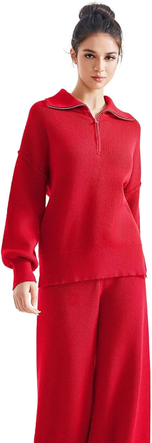 SUUKSESS Women 2 Piece Lounge Sets Oversized Quarter Zip Pullover Wide Leg Pants