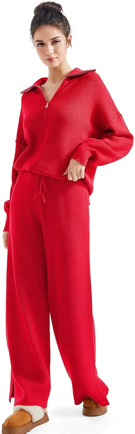 SUUKSESS Women 2 Piece Lounge Sets Oversized Quarter Zip Pullover Wide Leg Pants