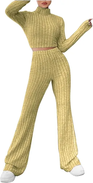 Sweater Lounge Sets for Women Slim Fit Cropped Shirt Knitted Pants Sweatsuits 2 Piece Set Casual Long Sleeve Loungewear Set