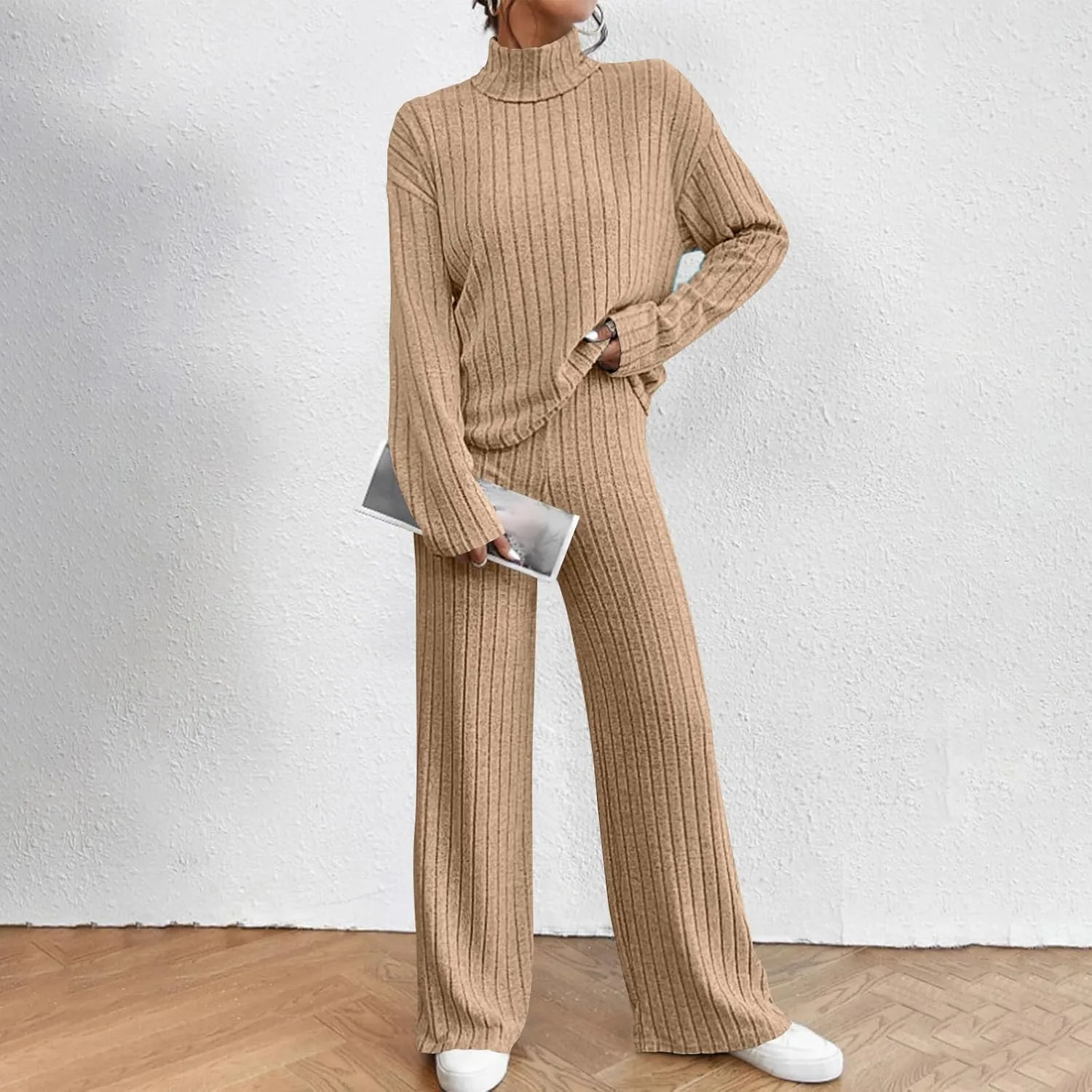 Sweater Set Women 2 Piece Lounge Set Turtleneck Knit Pullover Top and Pants Set Casual Loungewear Comfy Travel Outfit