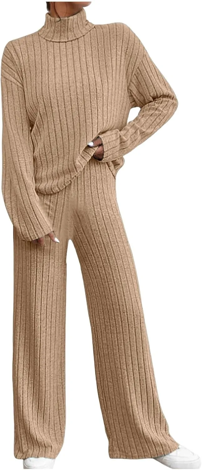 Sweater Set Women 2 Piece Lounge Set Turtleneck Knit Pullover Top and Pants Set Casual Loungewear Comfy Travel Outfit