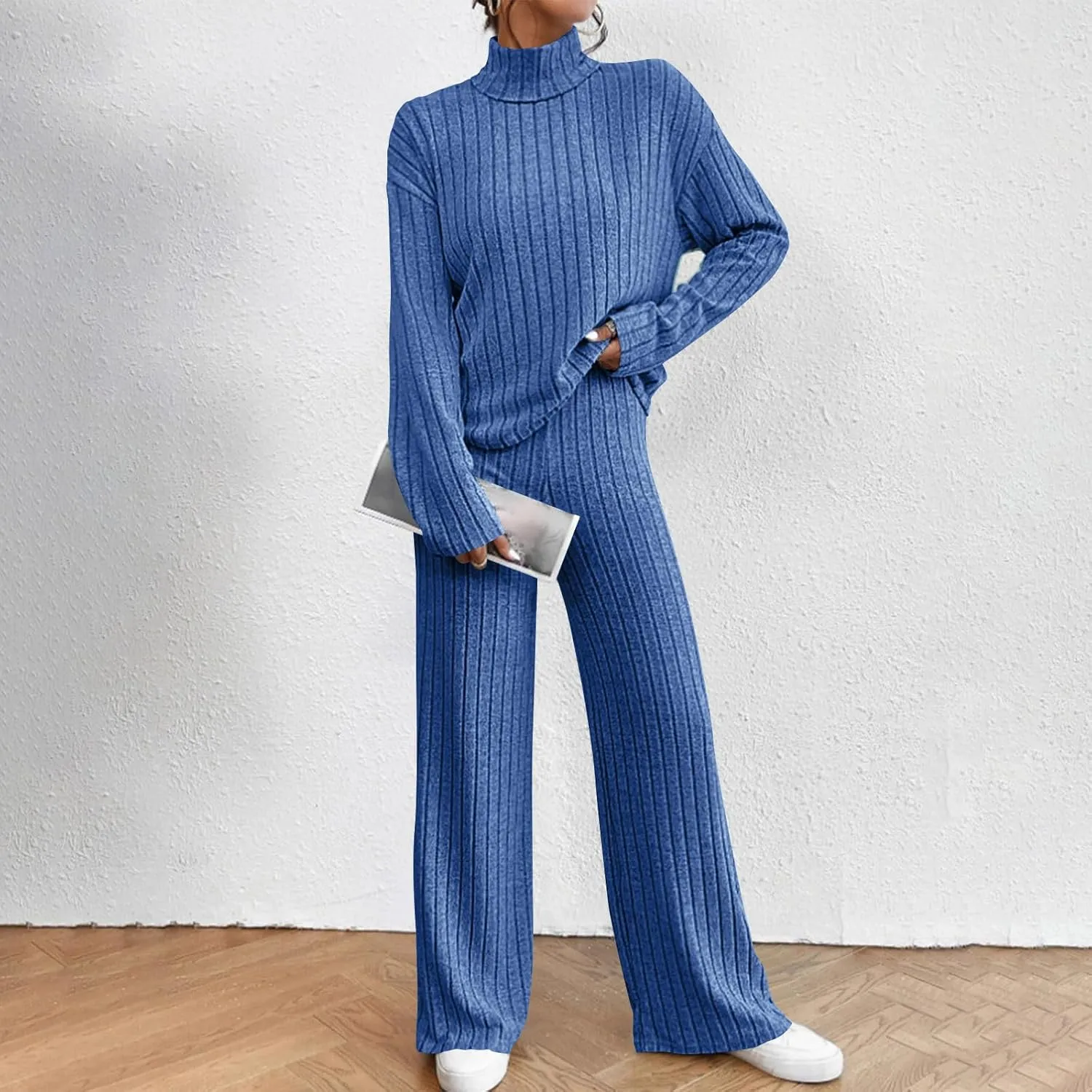 Sweater Set Women 2 Piece Lounge Set Turtleneck Knit Pullover Top and Pants Set Casual Loungewear Comfy Travel Outfit