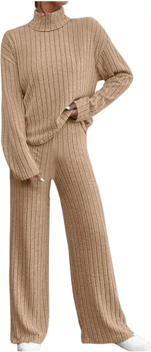 Sweater Set Women 2 Piece Lounge Set Turtleneck Knit Pullover Top and Pants Set Casual Loungewear Comfy Travel Outfit