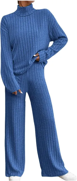 Sweater Set Women 2 Piece Lounge Set Turtleneck Knit Pullover Top and Pants Set Casual Loungewear Comfy Travel Outfit