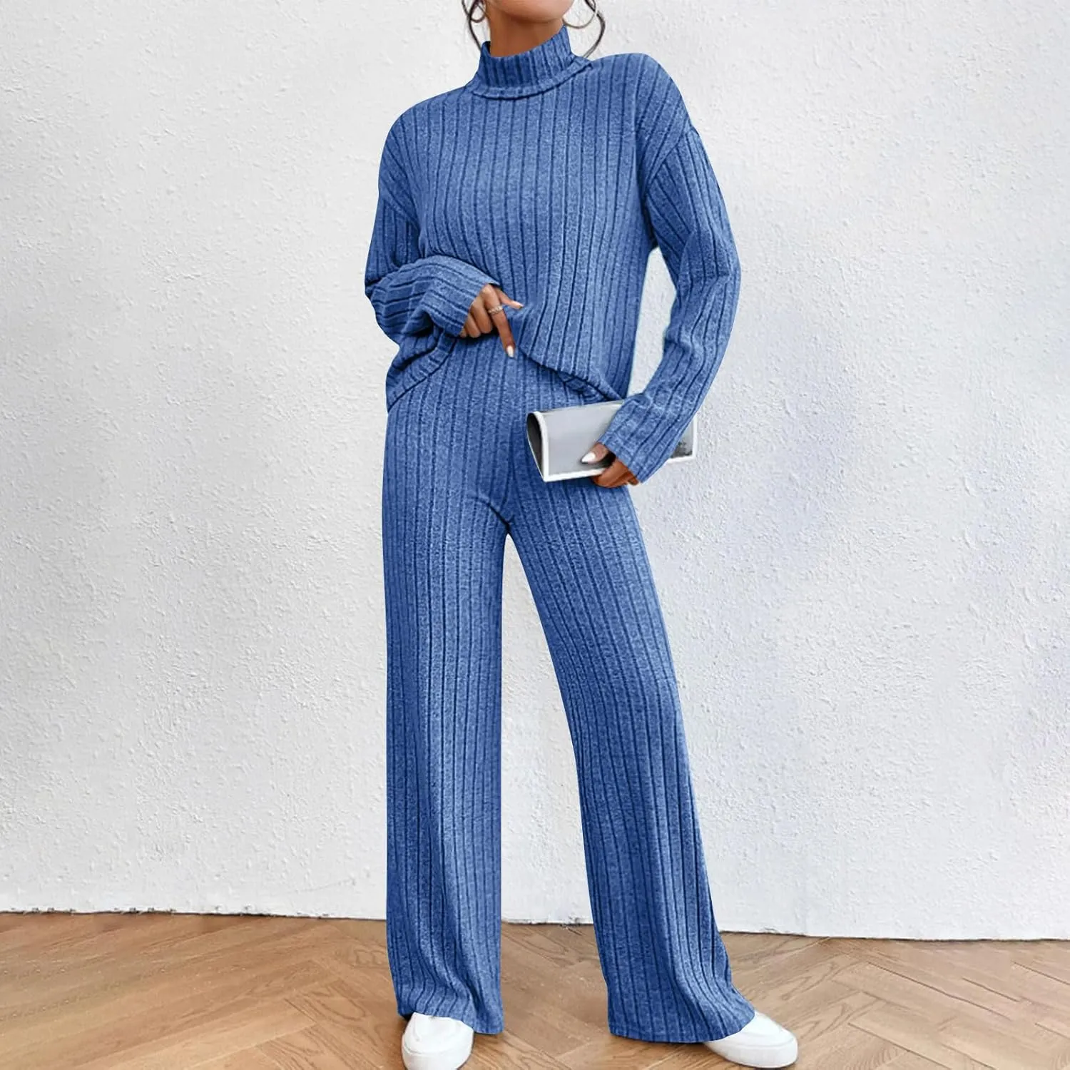 Sweater Set Women 2 Piece Lounge Set Turtleneck Knit Pullover Top and Pants Set Casual Loungewear Comfy Travel Outfit