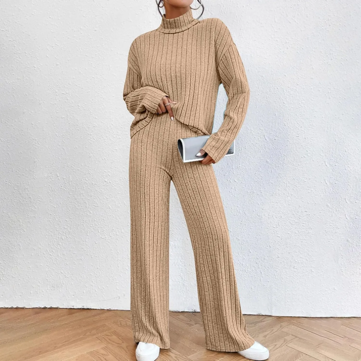 Sweater Set Women 2 Piece Lounge Set Turtleneck Knit Pullover Top and Pants Set Casual Loungewear Comfy Travel Outfit