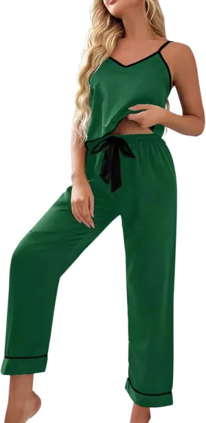 Tank Top Pants Pajama Set for Women Satin Cami Tops and Bow Tie Pants Pajamas Sets Silk Sleepwear Silky PJ Set