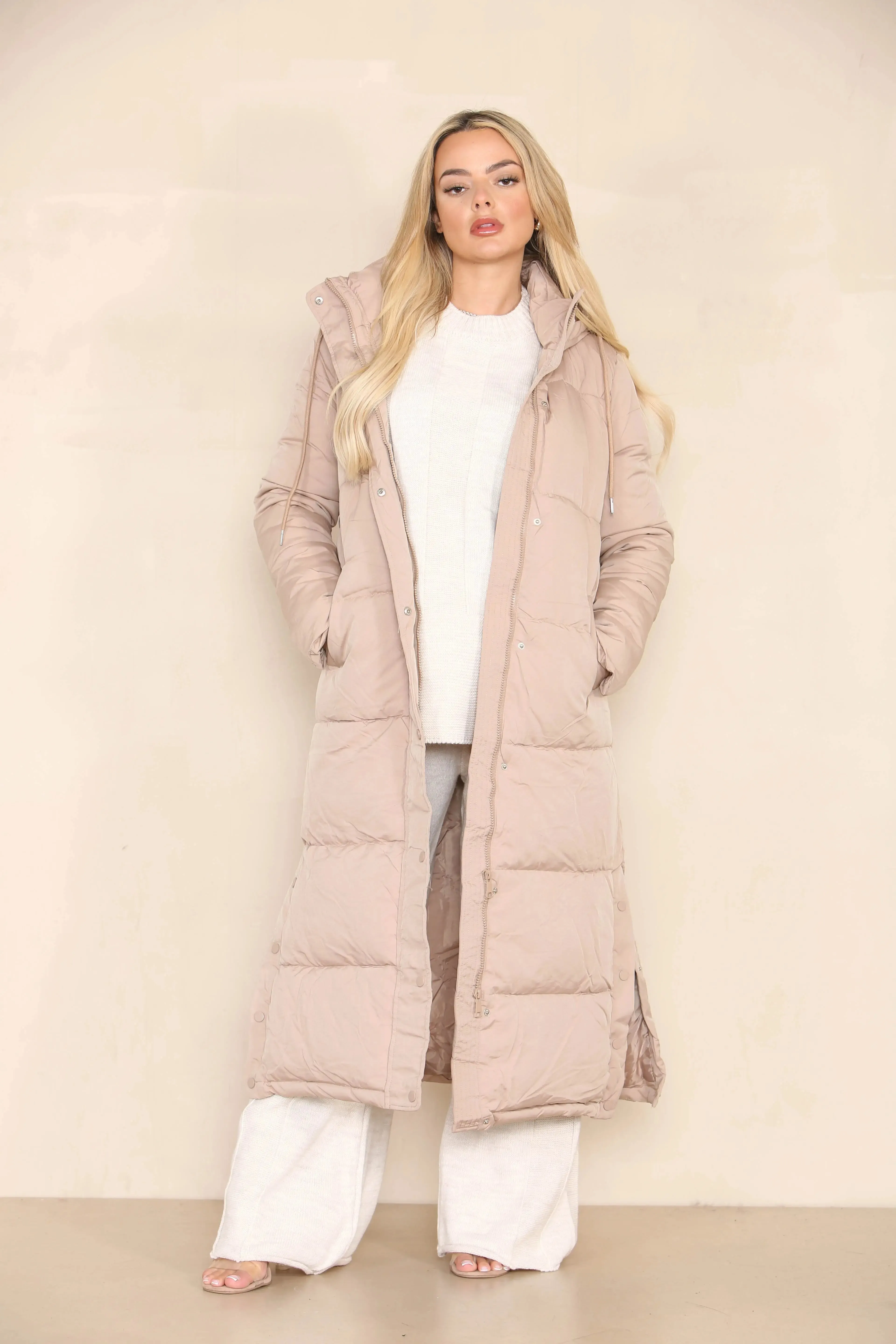 Taupe Winter Chic Side Slit Hooded Zip-Up Thermal Cotton Coat