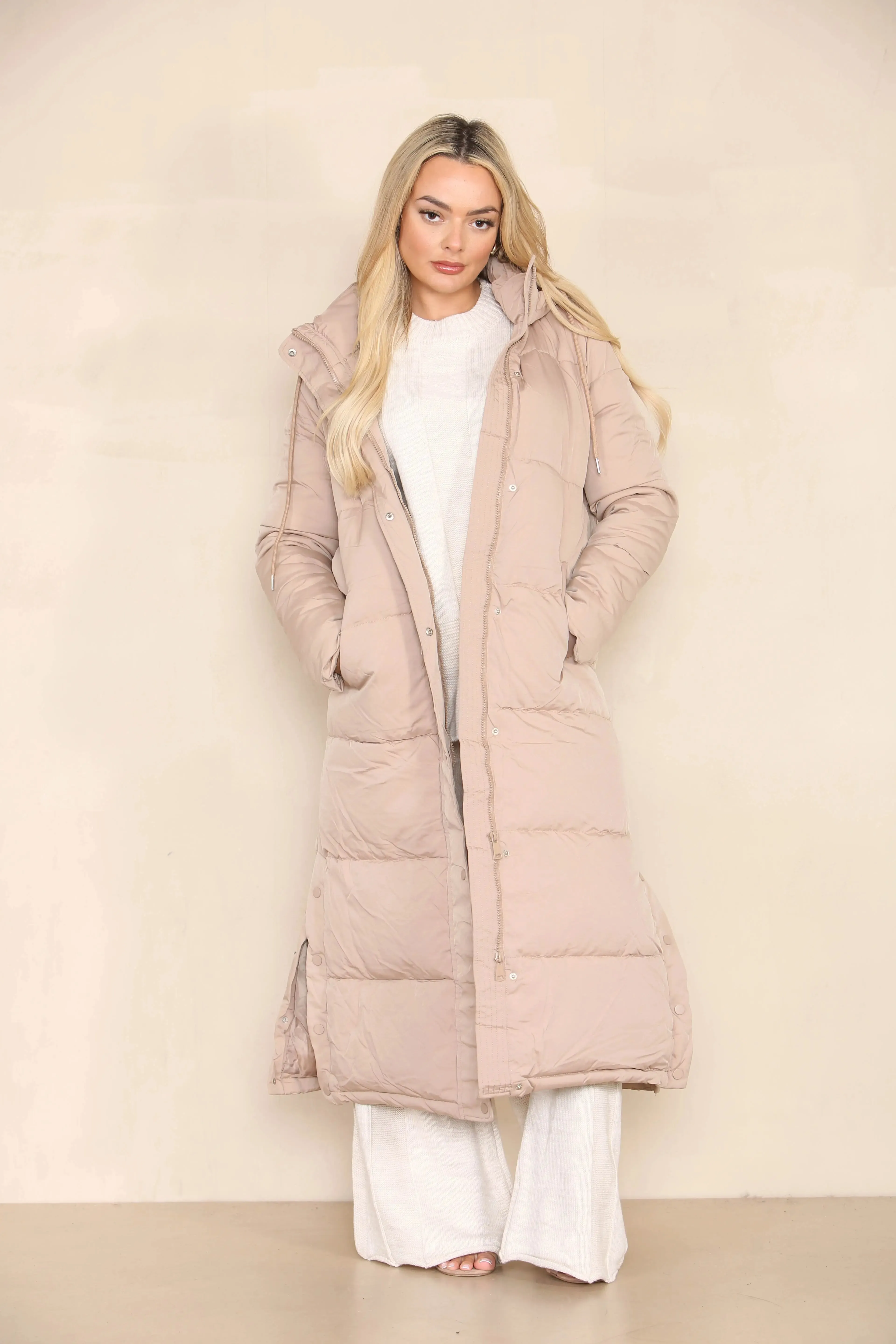 Taupe Winter Chic Side Slit Hooded Zip-Up Thermal Cotton Coat