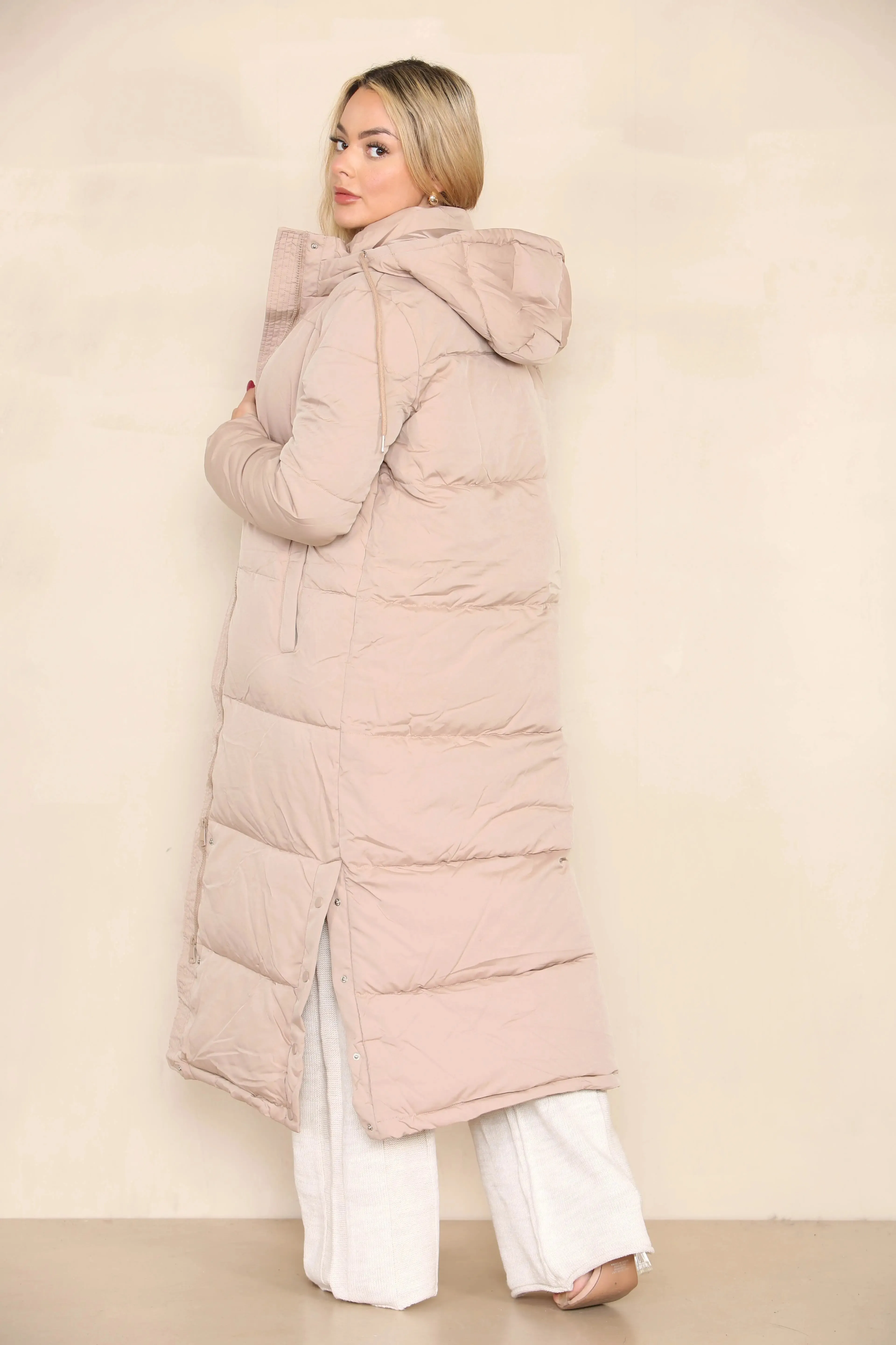 Taupe Winter Chic Side Slit Hooded Zip-Up Thermal Cotton Coat