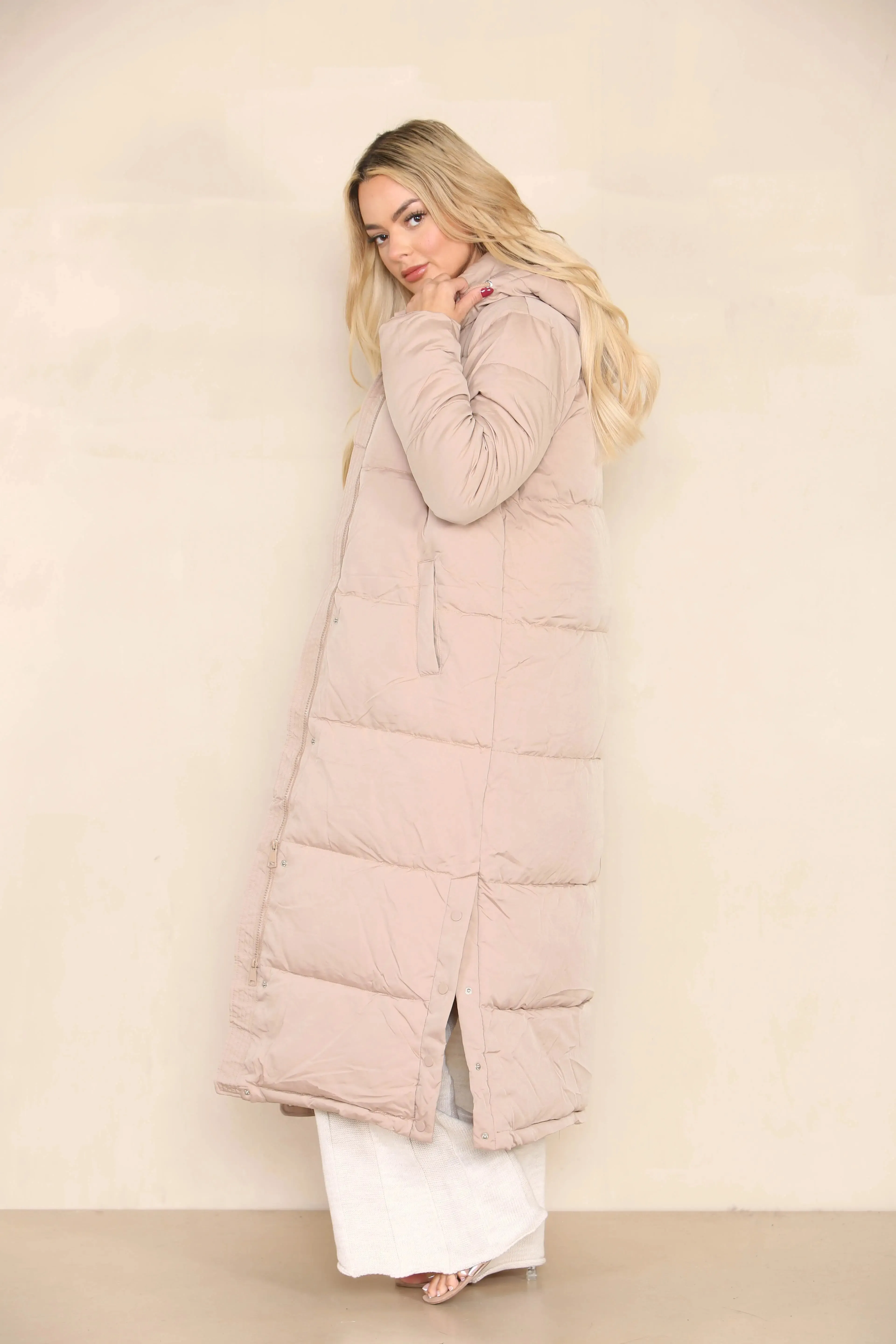 Taupe Winter Chic Side Slit Hooded Zip-Up Thermal Cotton Coat