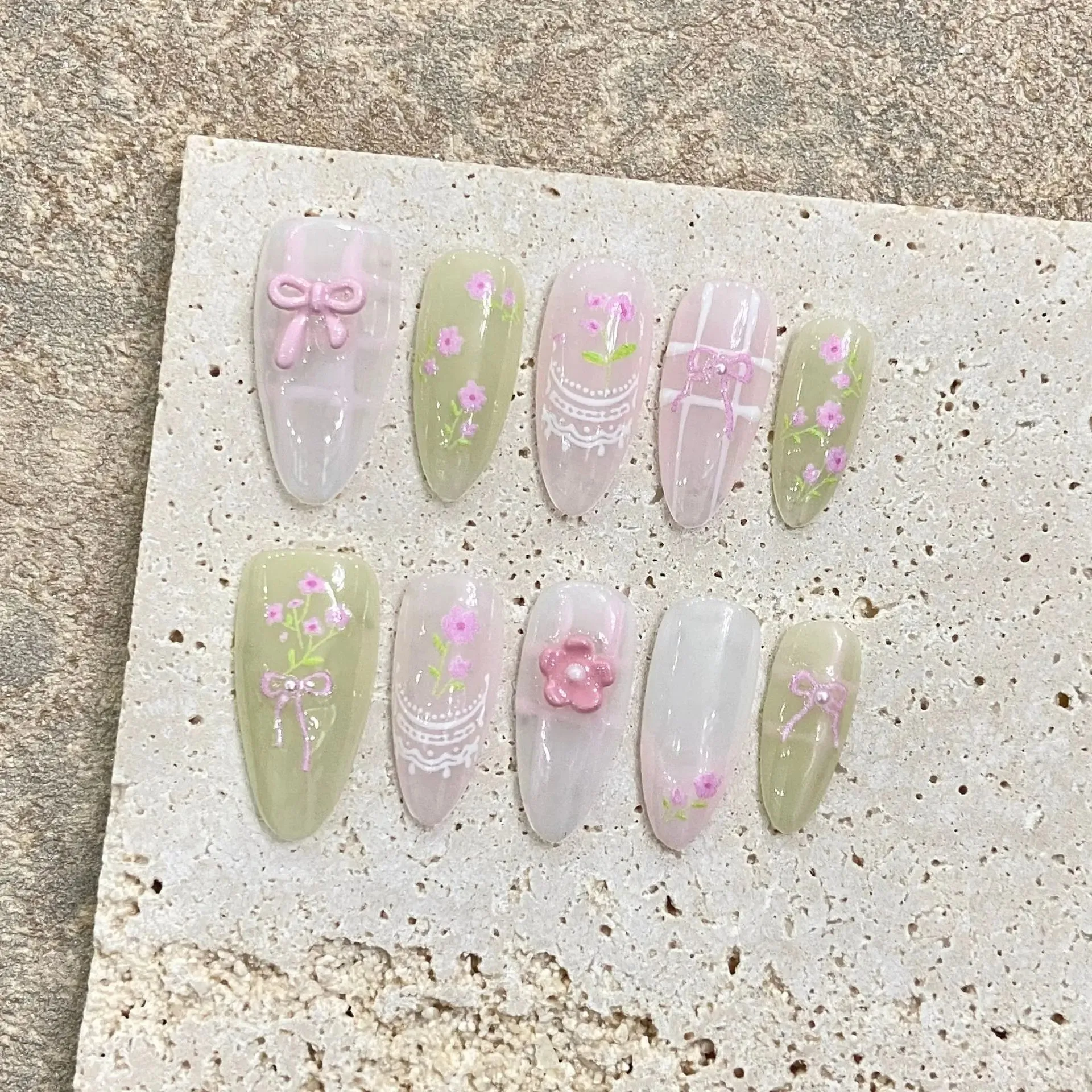 TAVIMART  -  10Pcs Kawaii Almond Handmade False Gel Nails with Glue Strawberry Cartoon Fake Nail Design Sweet Cute Press on Acrylic Nail Tips