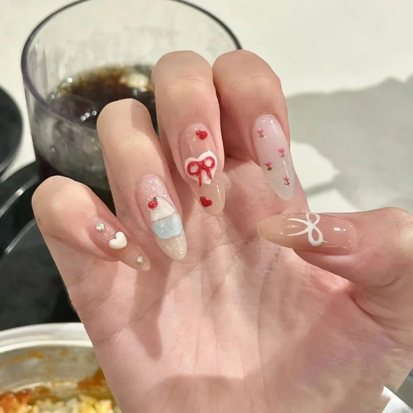 TAVIMART  -  10Pcs Kawaii Almond Handmade False Gel Nails with Glue Strawberry Cartoon Fake Nail Design Sweet Cute Press on Acrylic Nail Tips