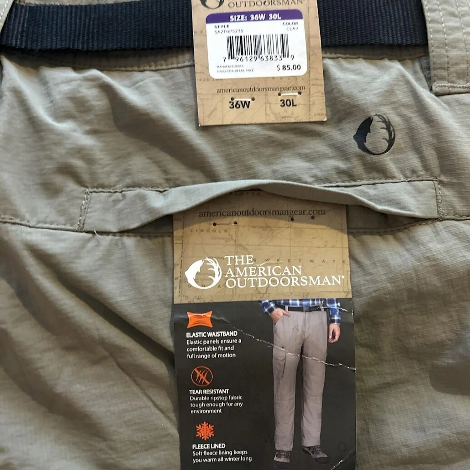 The American Outdoorsman Pants Men's Fleece Lined Cargo Hiking Pants 36x30 Khaki
