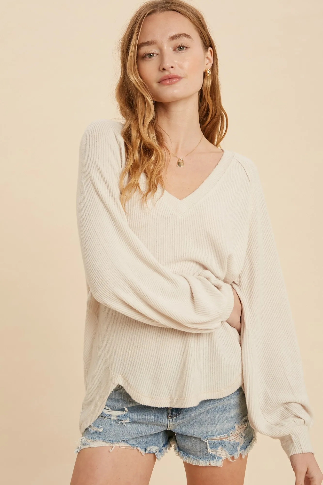 The Oatmeal Cherie Hacci Knit V-Neck Top
