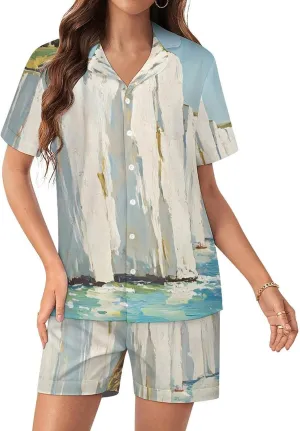 The White Cliffs of Dover Satin Pajamas For Women Set Botton Down Short Sleeves Silk Sleepwear