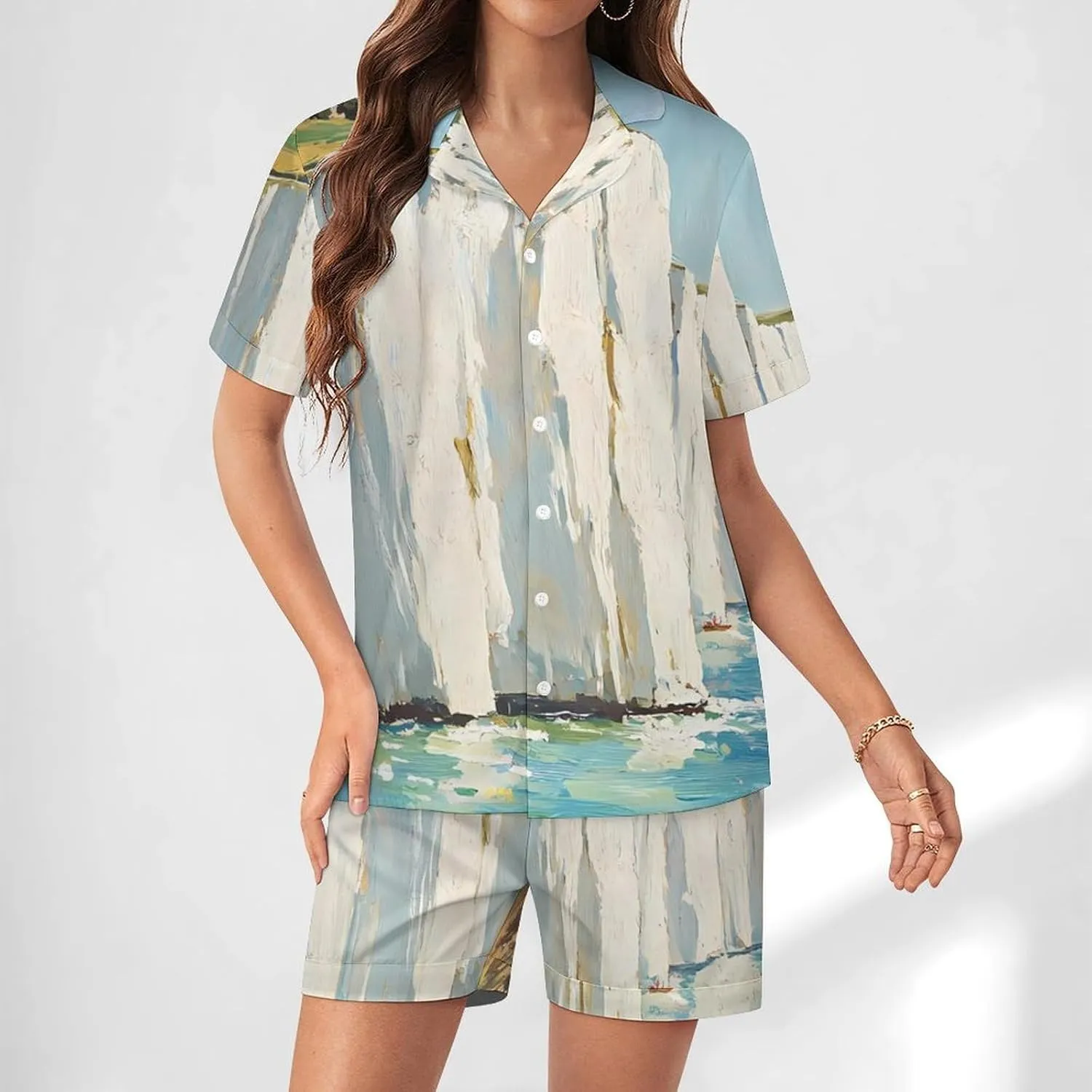 The White Cliffs of Dover Satin Pajamas For Women Set Botton Down Short Sleeves Silk Sleepwear