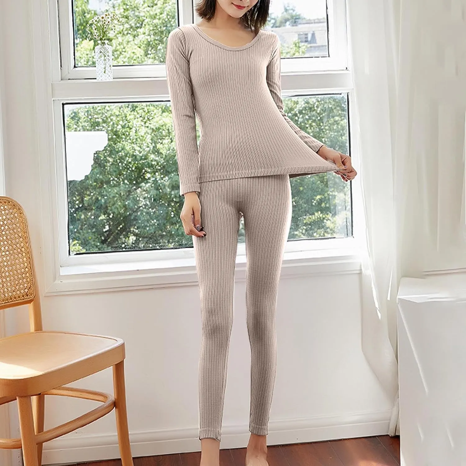 Thermal Underwear for Women 2pc Long Sleeve Knit Stretch Cotton Shirt Pants Long John Slim Fit Base Layer Lounge Set