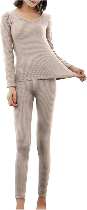 Thermal Underwear for Women 2pc Long Sleeve Knit Stretch Cotton Shirt Pants Long John Slim Fit Base Layer Lounge Set