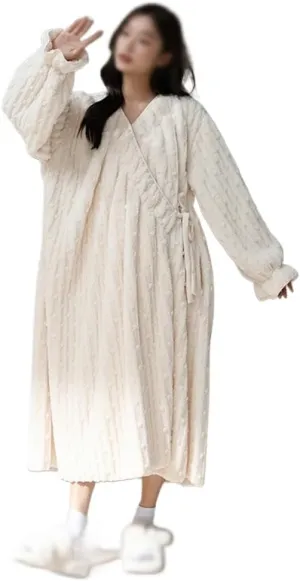 Thickened And Plush Kimono Long Pajamas For Women's Autumn And Winter Warm Plush Morning Gown