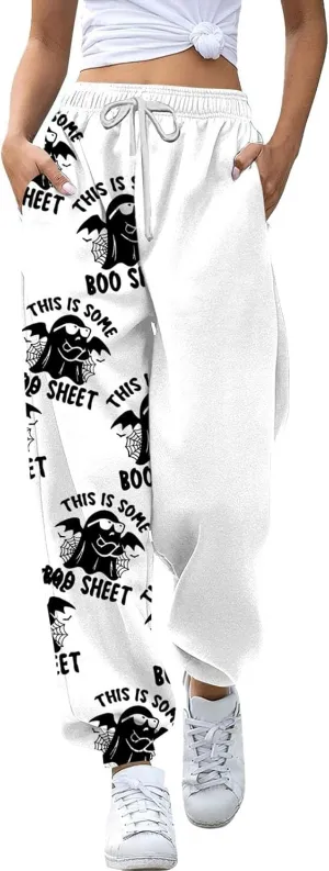 This is Some Boo Sheet Halloween Sweatpants Women Halloween Cool Ghost Graphic Joggers Cinch Bottom Baggy Trousers
