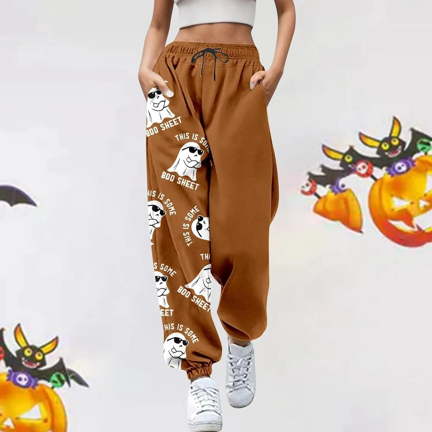 This is Some Boo Sheet Halloween Sweatpants Women Halloween Cool Ghost Graphic Joggers Cinch Bottom Baggy Trousers
