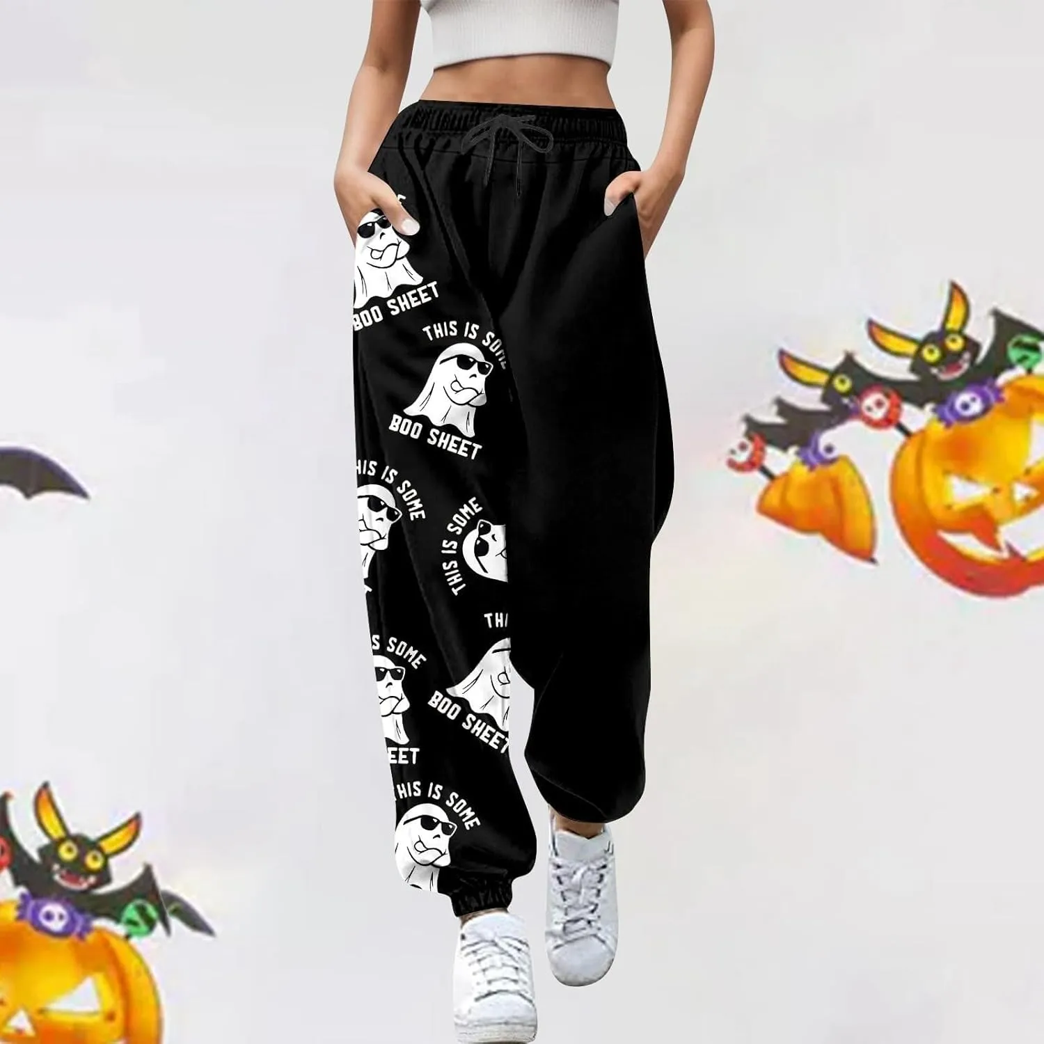 This is Some Boo Sheet Halloween Sweatpants Women Halloween Cool Ghost Graphic Joggers Cinch Bottom Baggy Trousers