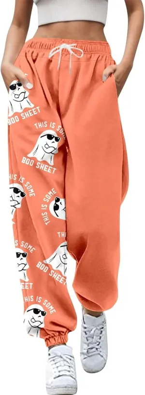 This is Some Boo Sheet Halloween Sweatpants Women Halloween Cool Ghost Graphic Joggers Cinch Bottom Baggy Trousers