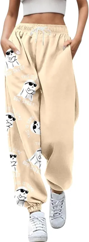 This is Some Boo Sheet Halloween Sweatpants Women Halloween Cool Ghost Graphic Joggers Cinch Bottom Baggy Trousers