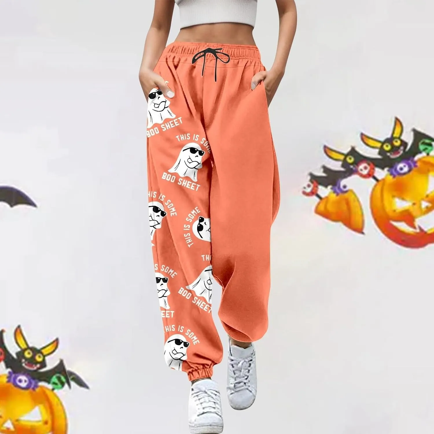 This is Some Boo Sheet Halloween Sweatpants Women Halloween Cool Ghost Graphic Joggers Cinch Bottom Baggy Trousers