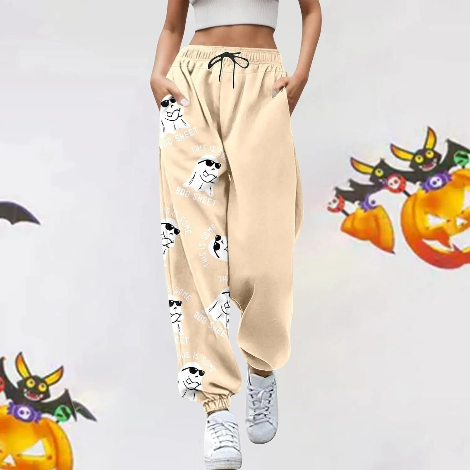 This is Some Boo Sheet Halloween Sweatpants Women Halloween Cool Ghost Graphic Joggers Cinch Bottom Baggy Trousers