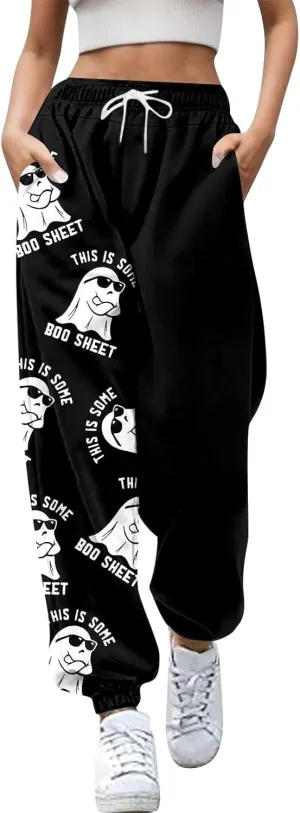 This is Some Boo Sheet Halloween Sweatpants Women Halloween Cool Ghost Graphic Joggers Cinch Bottom Baggy Trousers