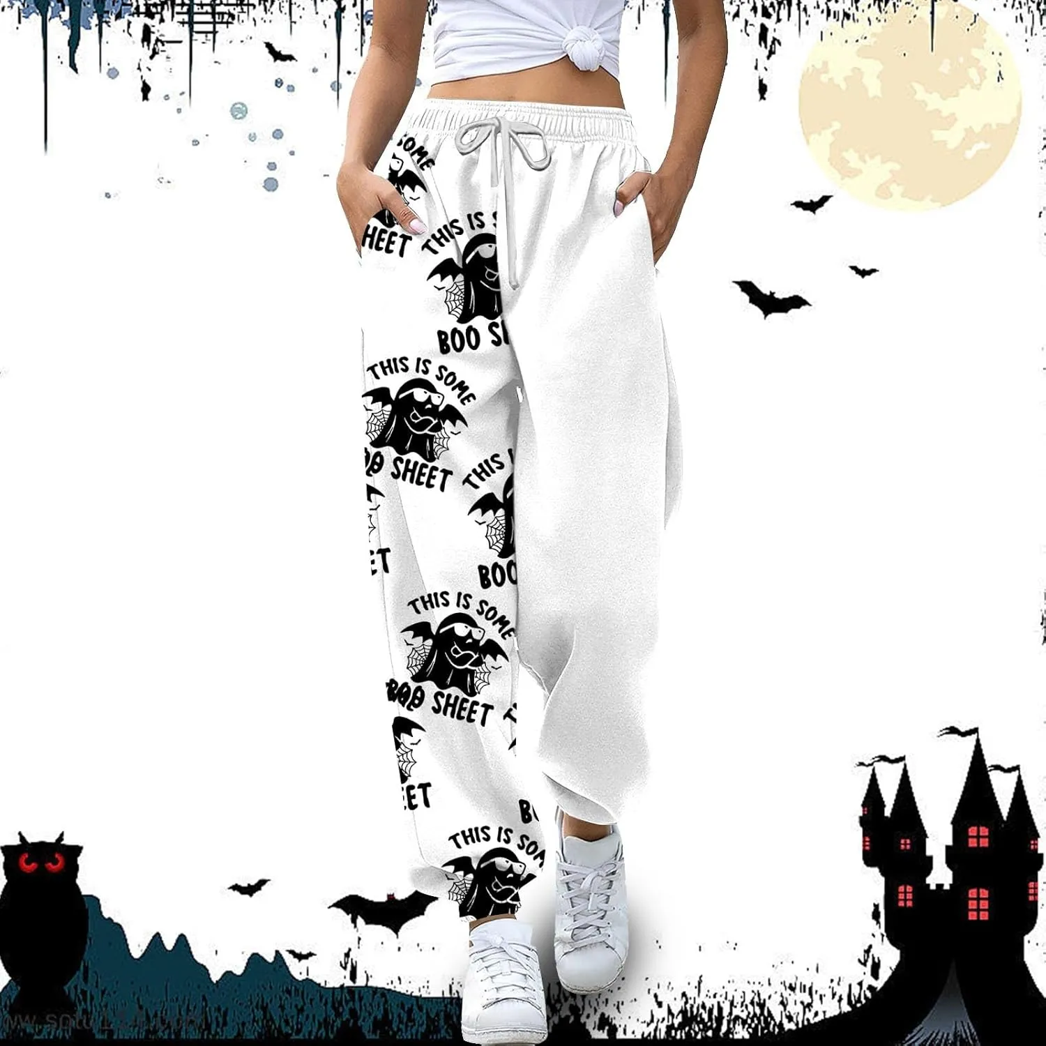 This is Some Boo Sheet Halloween Sweatpants Women Halloween Cool Ghost Graphic Joggers Cinch Bottom Baggy Trousers