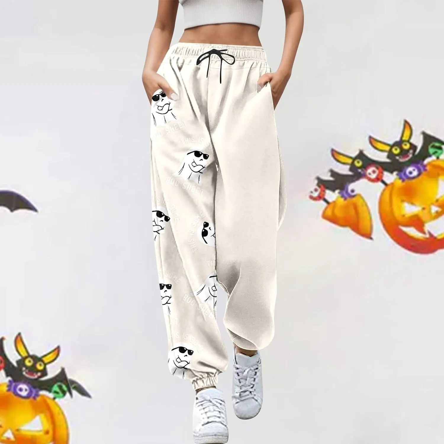 This is Some Boo Sheet Halloween Sweatpants Women Halloween Cool Ghost Graphic Joggers Cinch Bottom Baggy Trousers